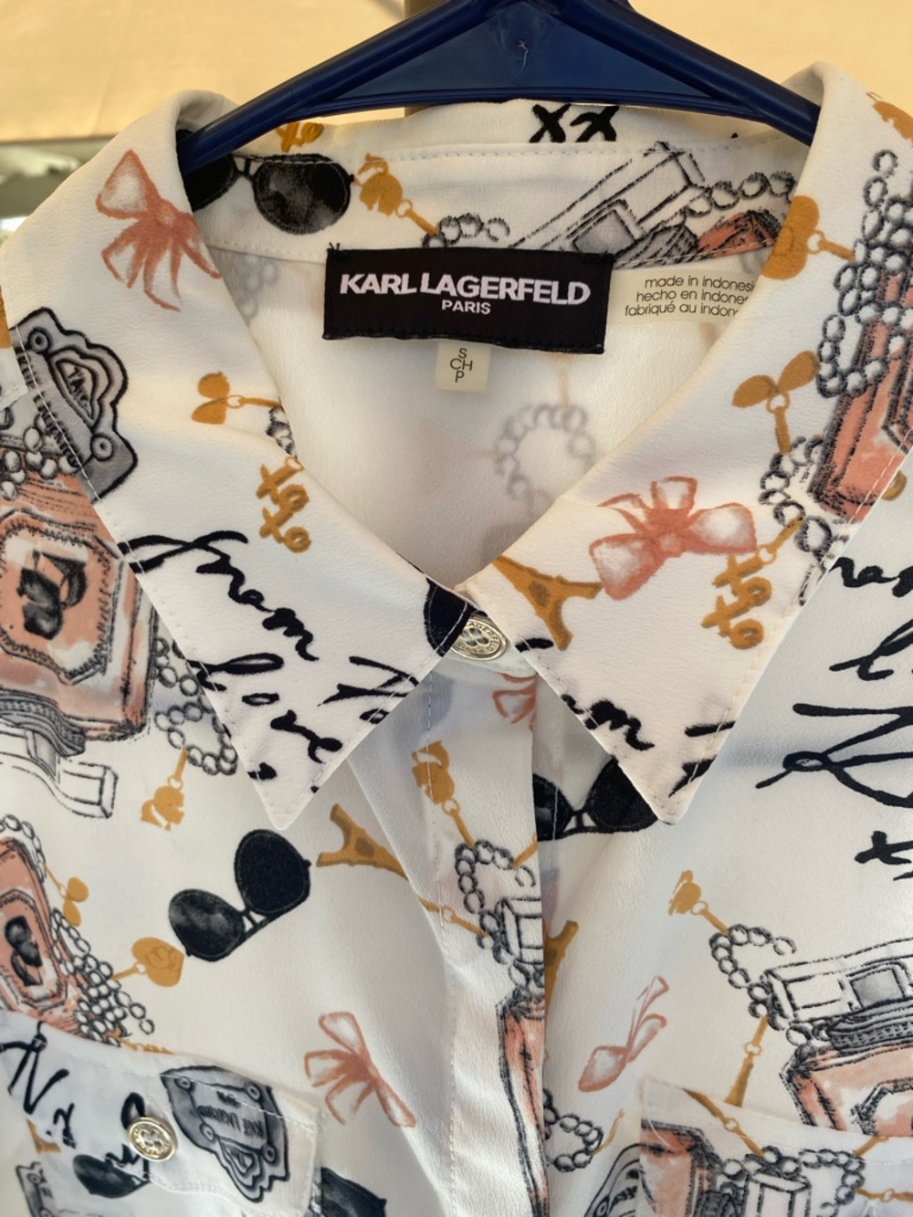 Karl Lagerfeld White Button-Up Blouse with Pink and Black Print - Picture 2 of 6